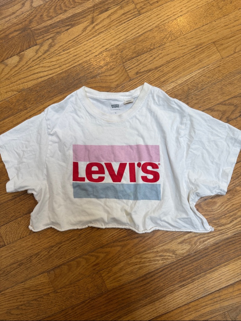 Levi's White Crop Tee with Pink, Red & Light Blue Logo Stripes